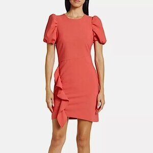 LIKELY Malta Puff Sleeve Cascade Ruffle Front Sheath Dress